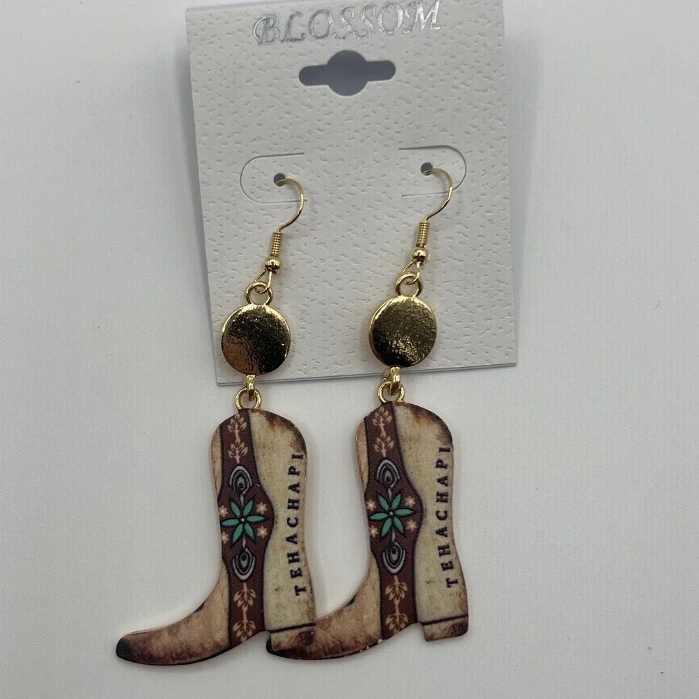 Blossom Tehachapi Cowboy Boot Drop Earrings Gold Tone Western Country Dangle
